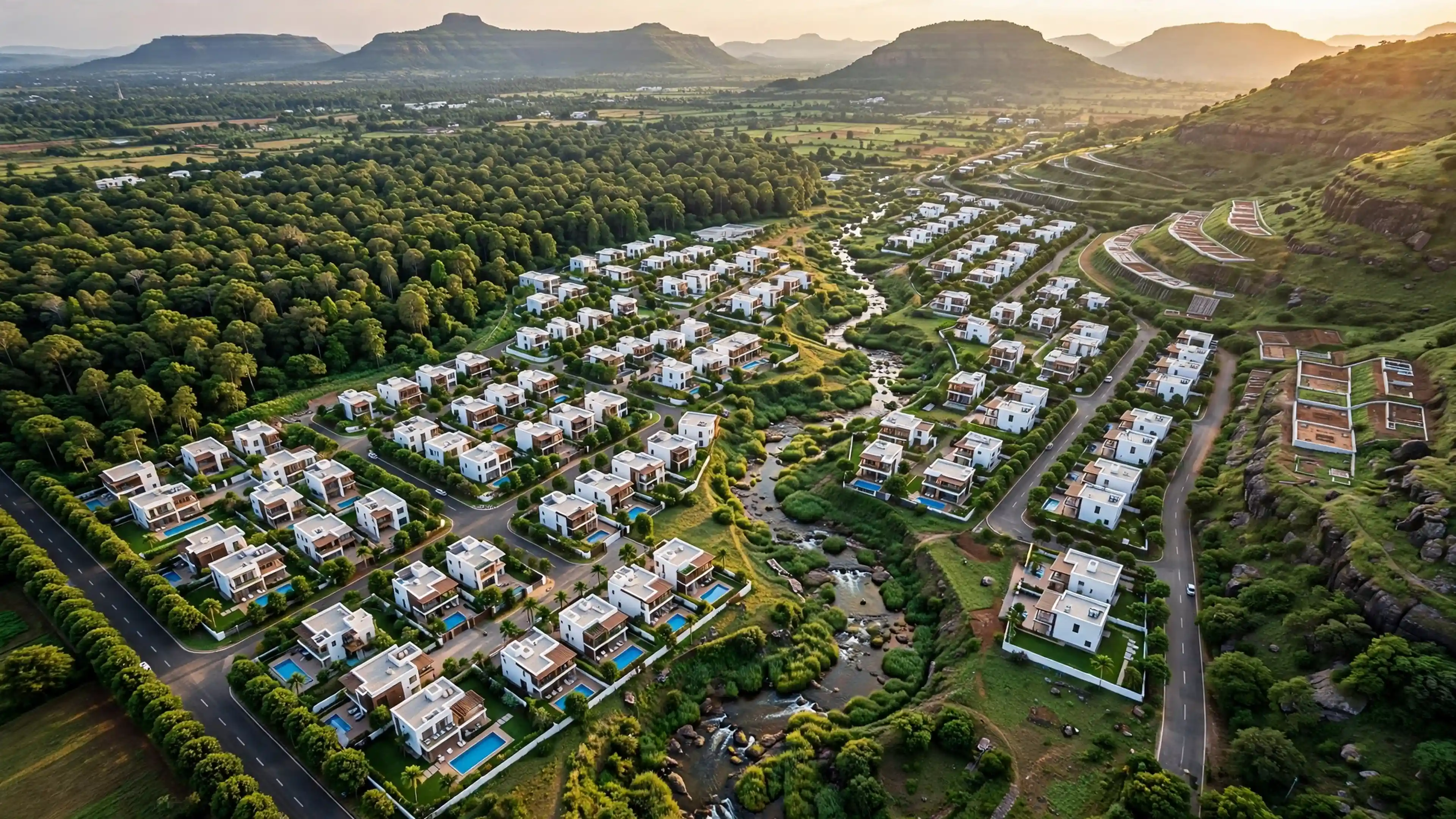 Masterplan view of the best premium villa township in Khardi showing villas stream roads and greenery