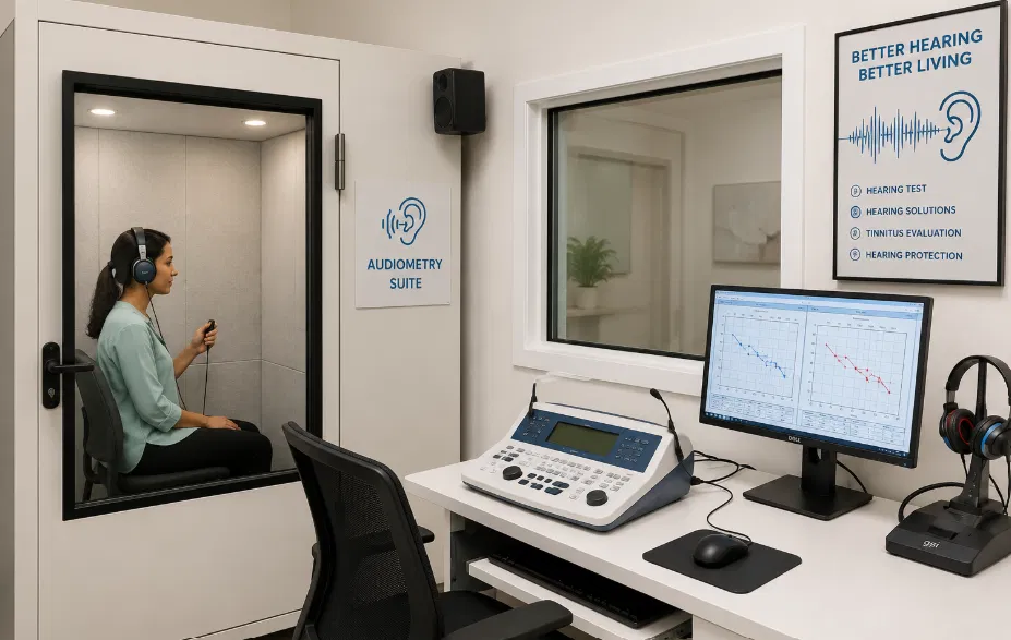 Soundproof audiometry testing suite at Raghavendra Speech and Hearing Center, A S Rao Nagar, Hyderabad