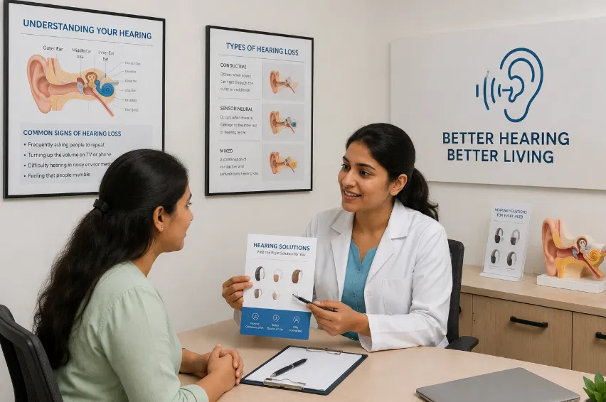 Audiologist counselling a patient about hearing solutions in A S Rao Nagar, Hyderabad