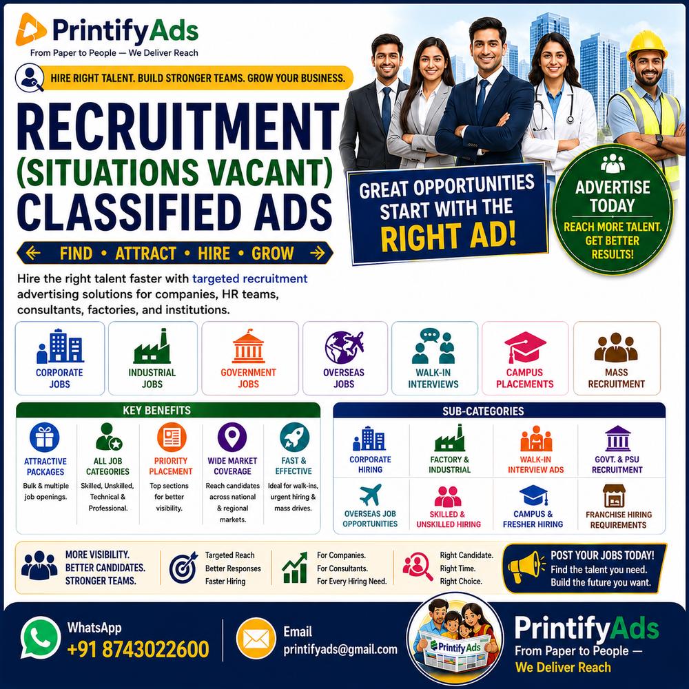 Recruitment newspaper ads Delhi NCR
