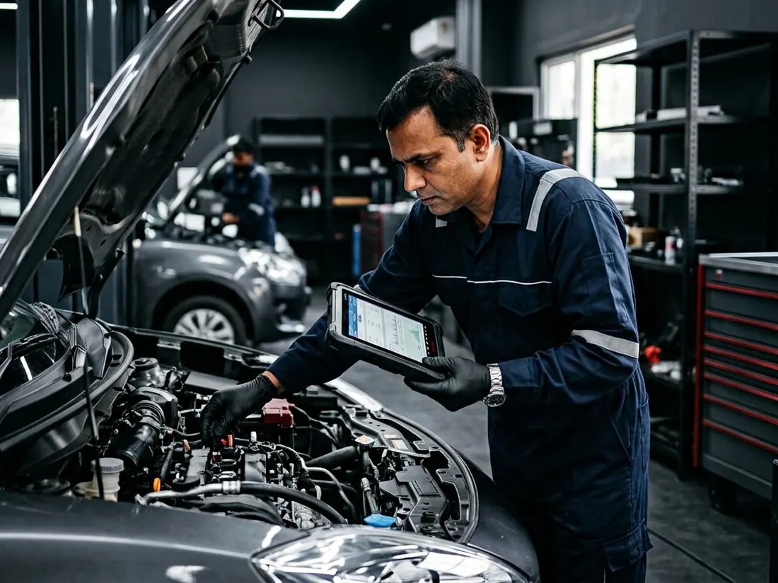 Automobile technician checking a car engine bay with a diagnostic tablet in a car service workshop
