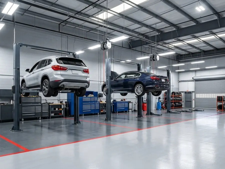 Automobile workshop interior with cars on hydraulic lifts and organised tool storage