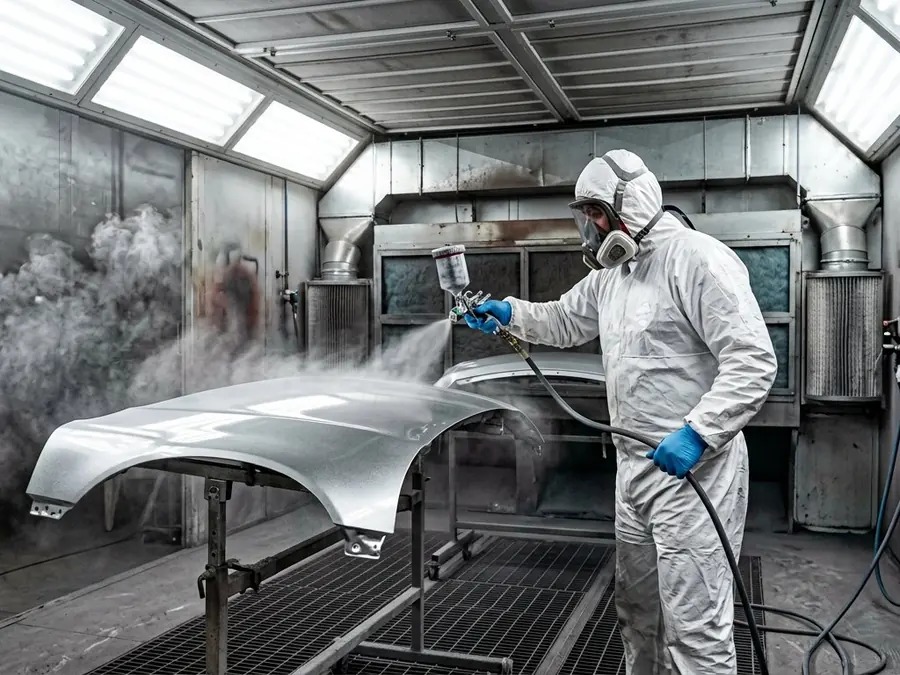 Technician in protective gear spraying metallic paint on a car body panel inside a paint booth