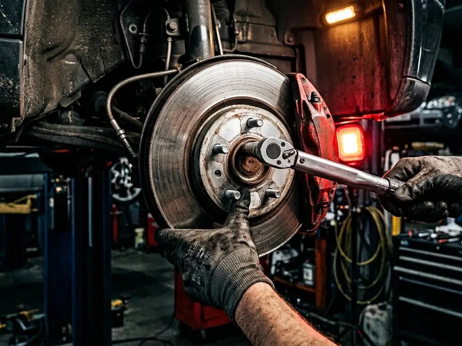 Close-up of a technician servicing a car brake disc and caliper using a torque wrench