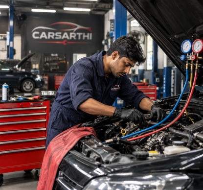 Technician connecting AC refrigerant gauges to a car engine bay during air-conditioning service