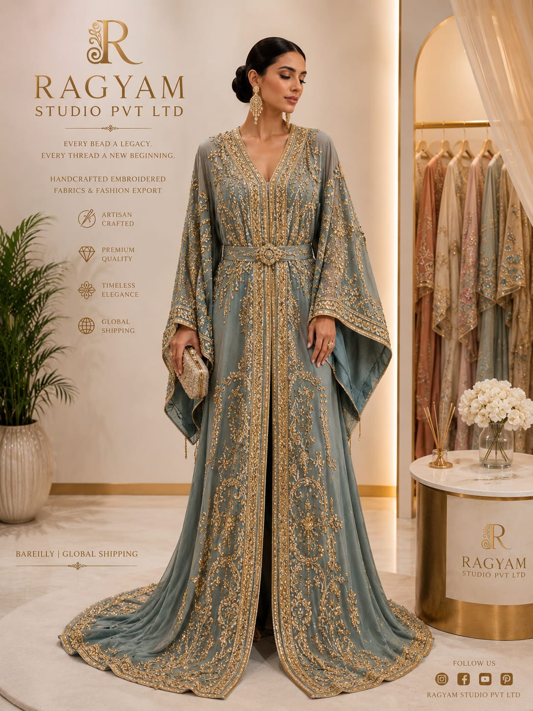 Kaftan manufacturer Bareilly, embroidered luxury kaftan by Ragyam Studio
