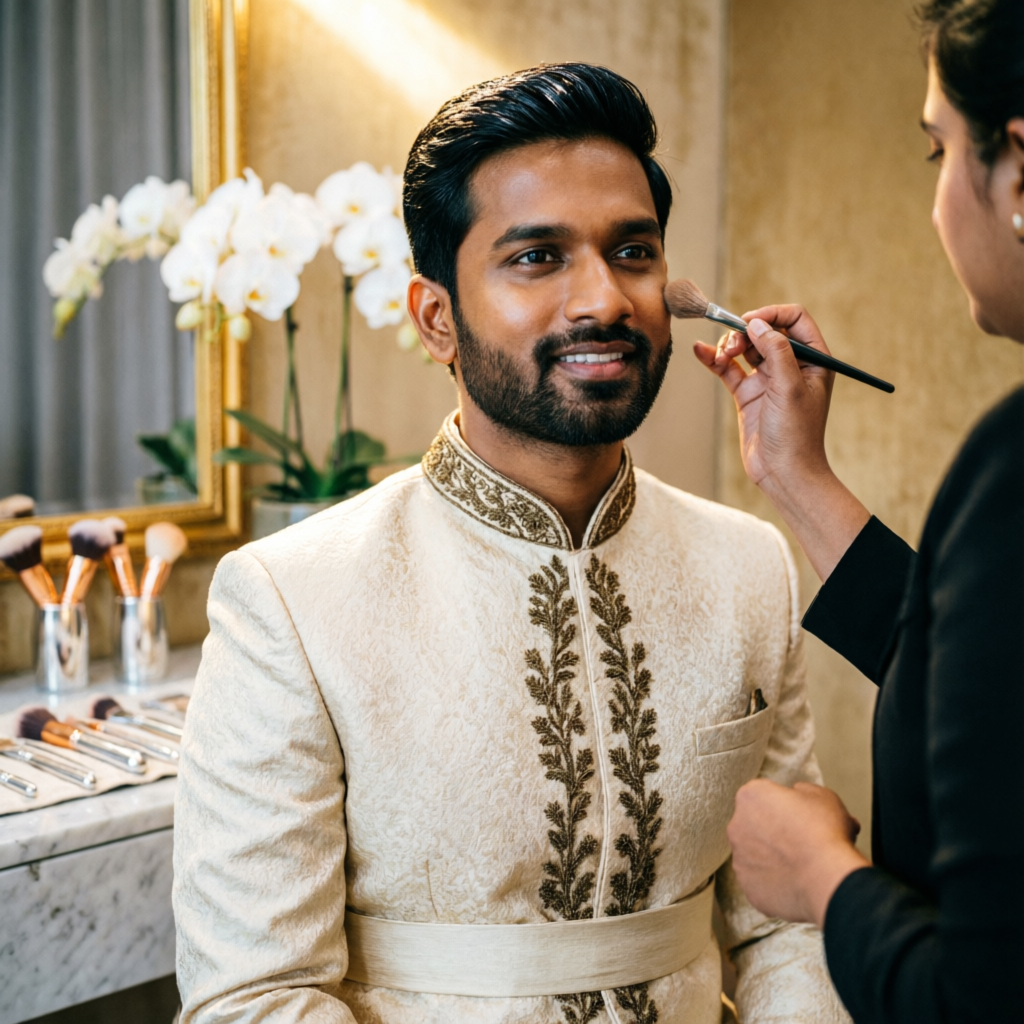 Groom makeup and styling at a men's grooming salon