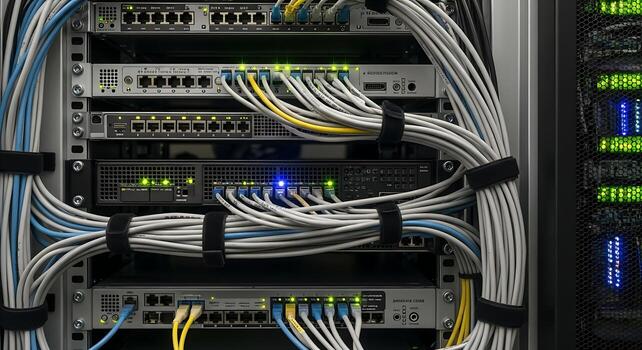 Data center server rack with cables and network equipment installed by EPIDIA