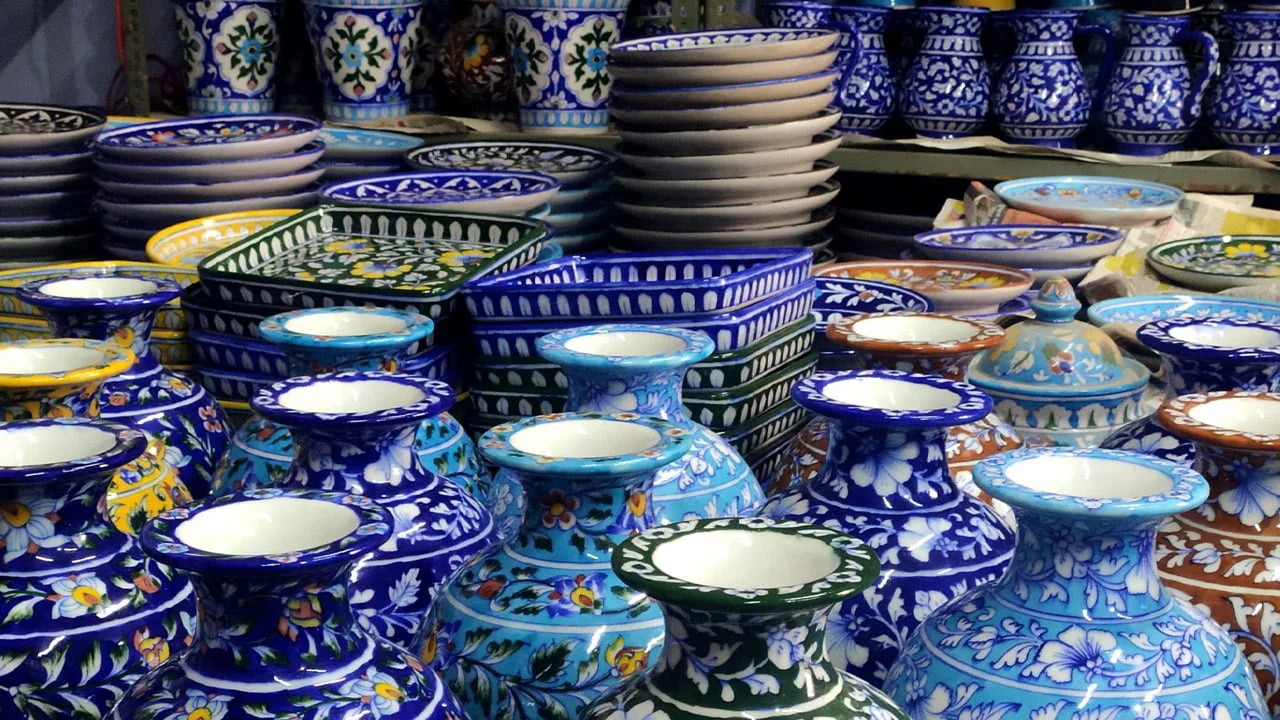 Indian artisan workshop - blue pottery painting and block printing in Mohali