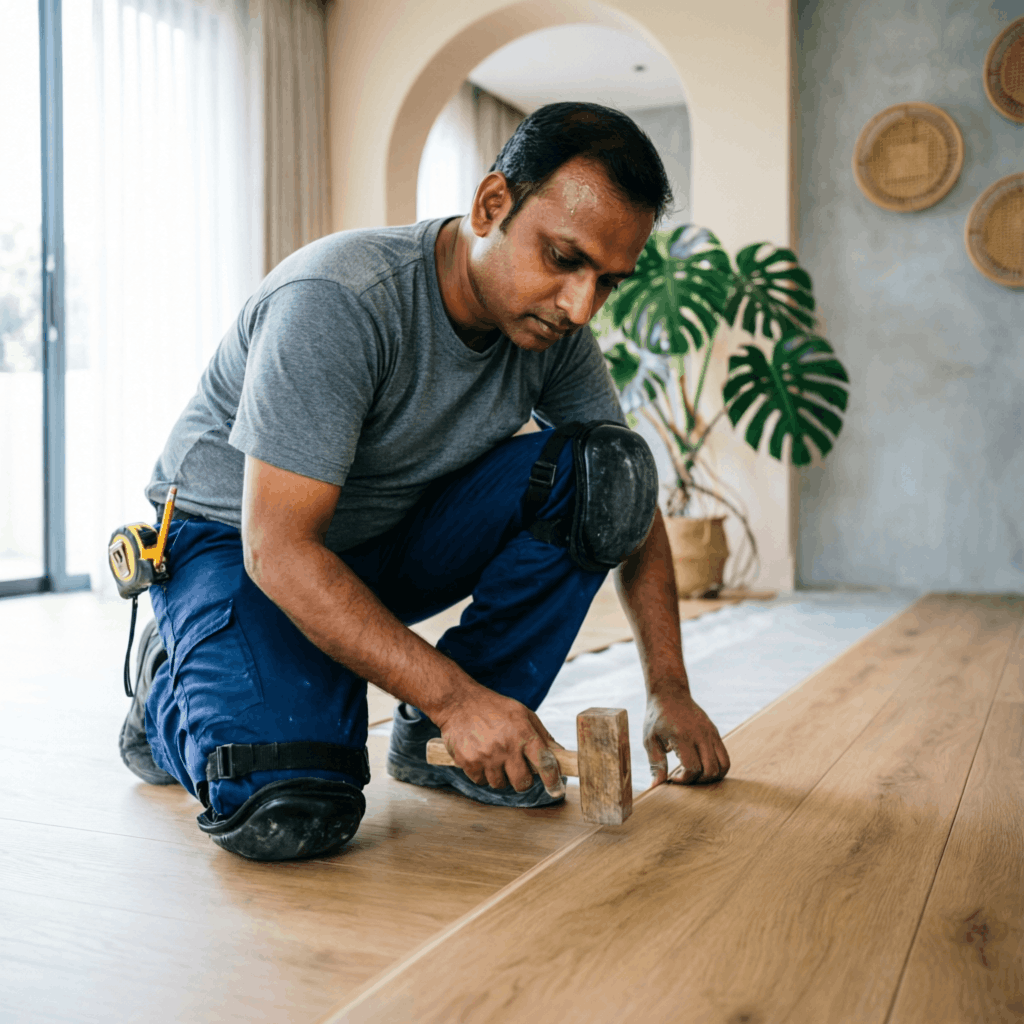 In-house trained installer laying wooden flooring for a JP Nagar Bangalore home