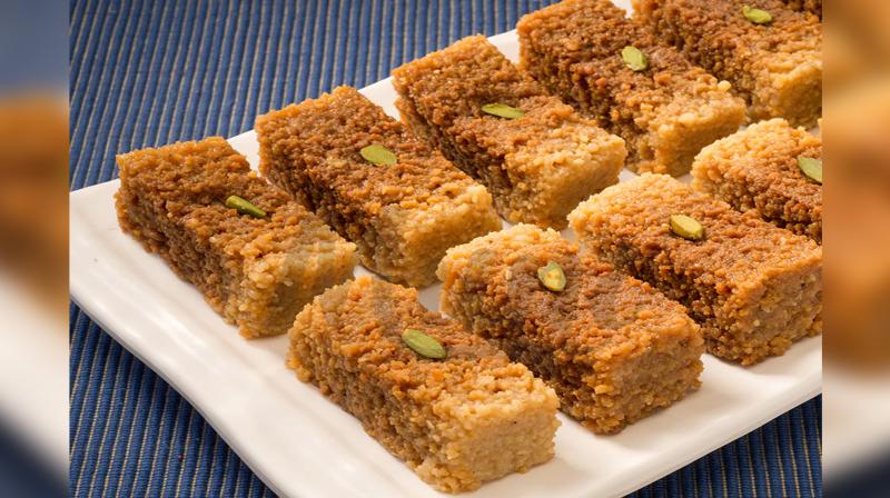 Milk sweets barfi and peda at Raju Misthan Bhandar sweet shop Nuh