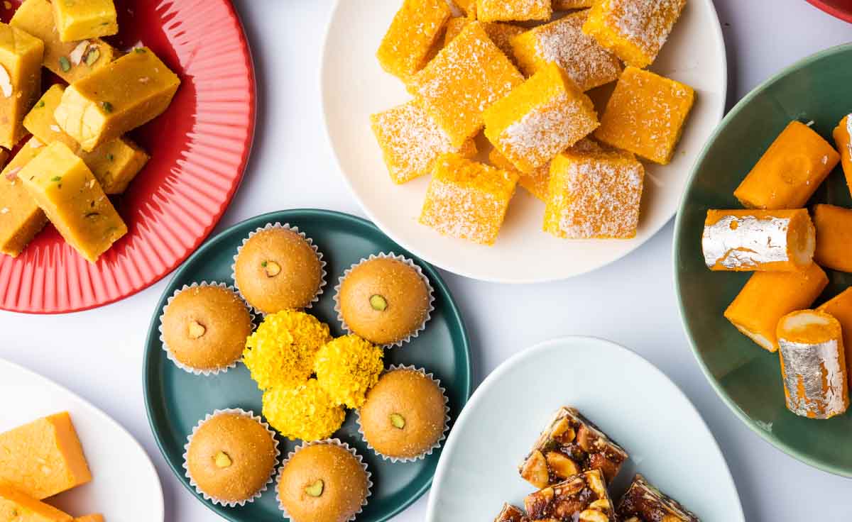 Moong dal halwa, shahi tukda and jalebi in the thali at Hubli