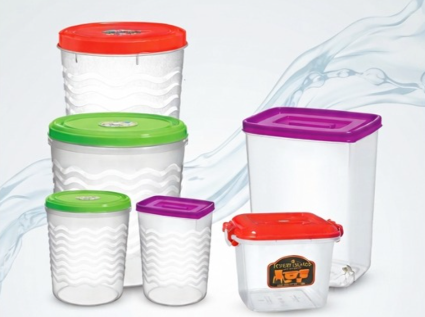 Plastic homeware storage containers, baskets and organizers for household use