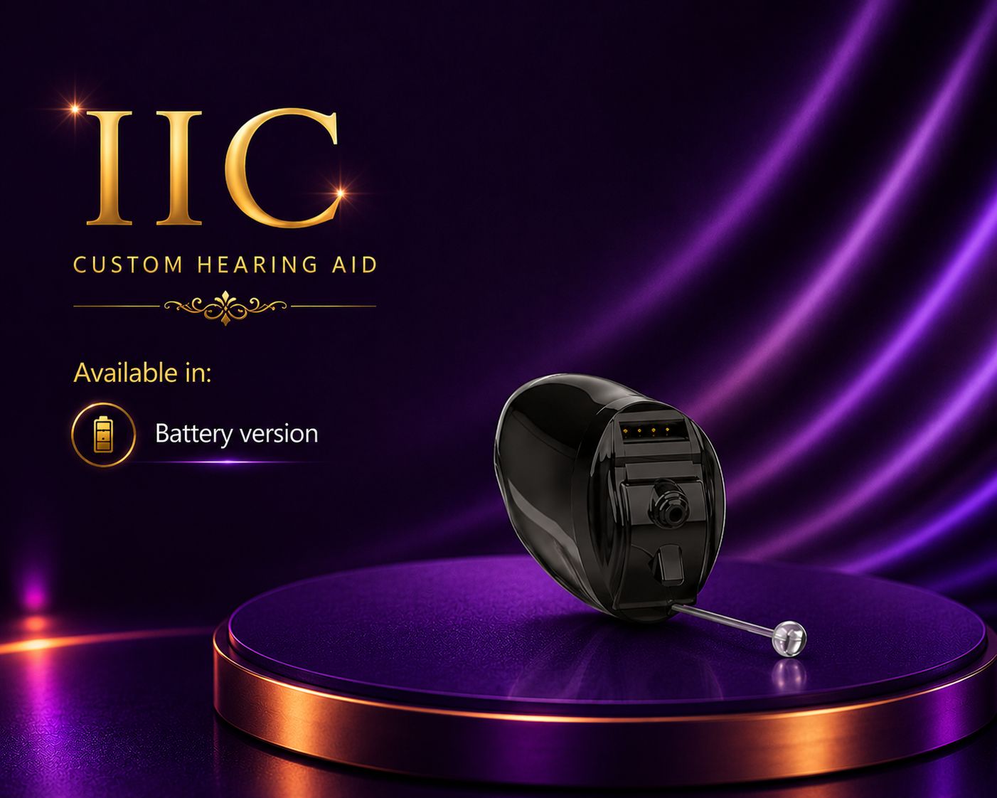 IIC invisible-in-canal custom hearing aid device on purple background