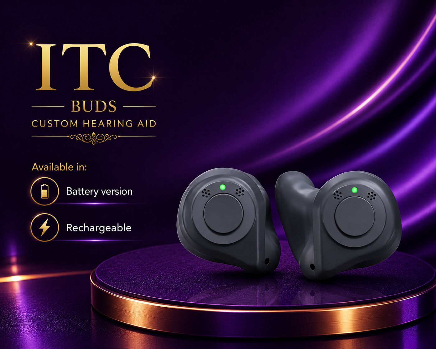 ITC in-the-canal custom hearing aid bud on purple background