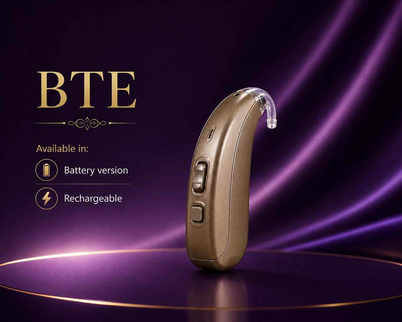BTE behind-the-ear hearing aid with slim tube on purple background