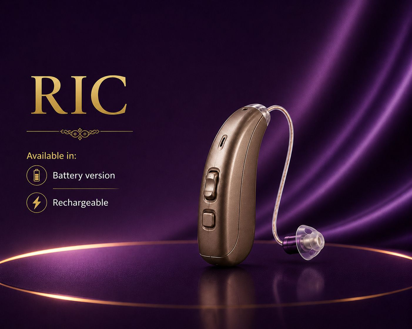 RIC receiver-in-canal hearing aid with thin receiver wire on purple background