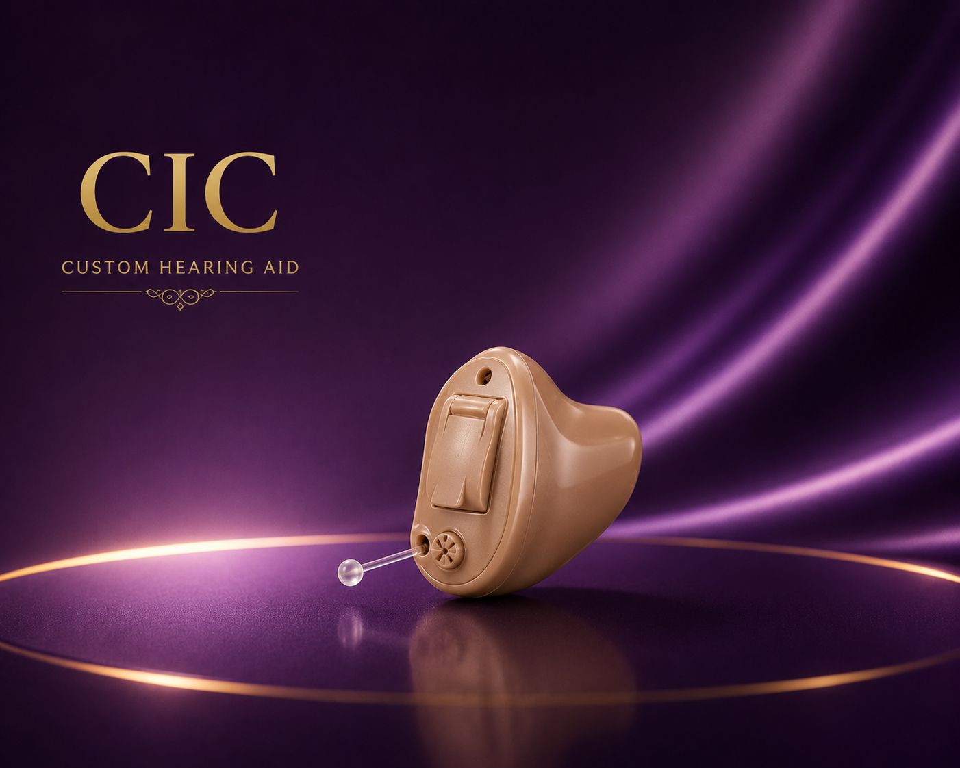 CIC custom hearing aid with thin receiver wire on purple background