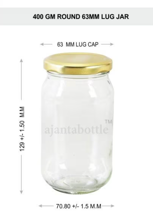 Honey and jam jars with gold metal lug caps manufactured in Pune India