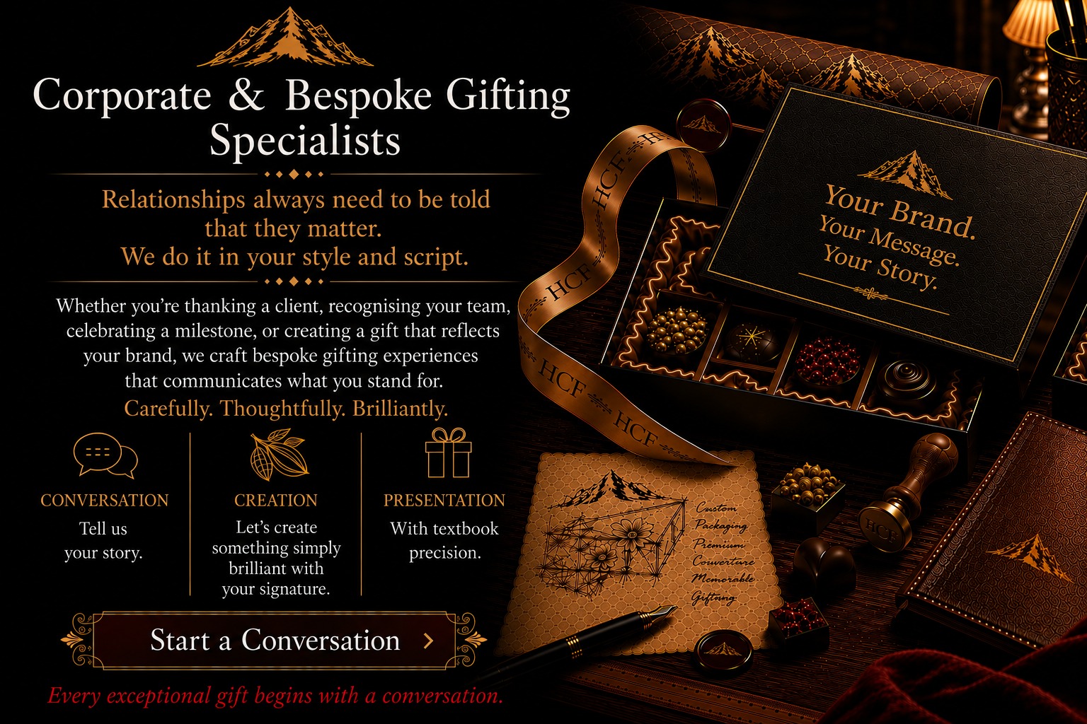 The Book of Gifting by Himalayan Chocolate Factory Nainital - luxury black leather book with gold embossed mountain logo and aged parchment page reading Every Great Gift Begins With A Story