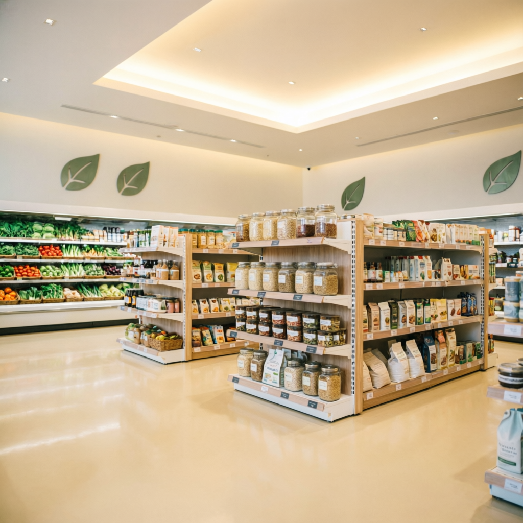 Fresh grocery produce arranged on shelves at Wellness Hub supermarket, New Nagole Hyderabad