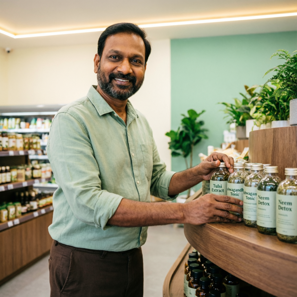 Fresh grocery produce arranged on shelves at Wellness Hub supermarket, New Nagole Hyderabad