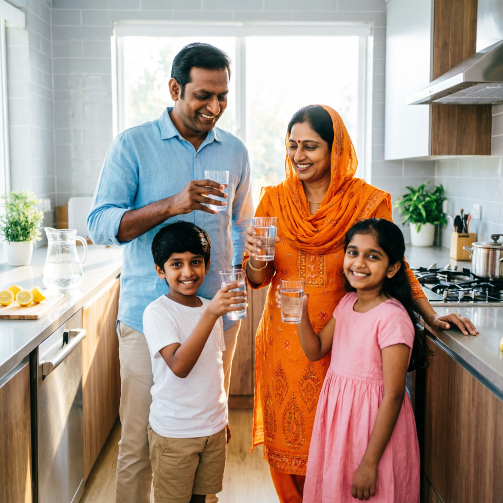 Happy Indian family drinking alkaline water at home in Gujarat