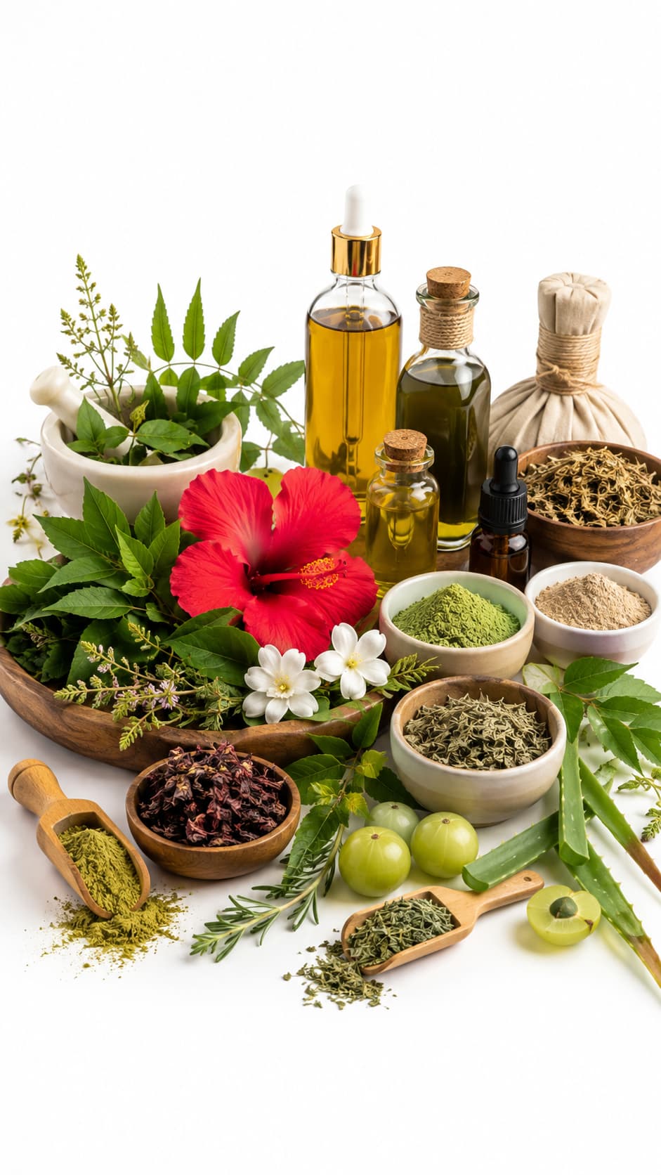 Traditional herbal ingredients arranged for personal care at Vividha Mart