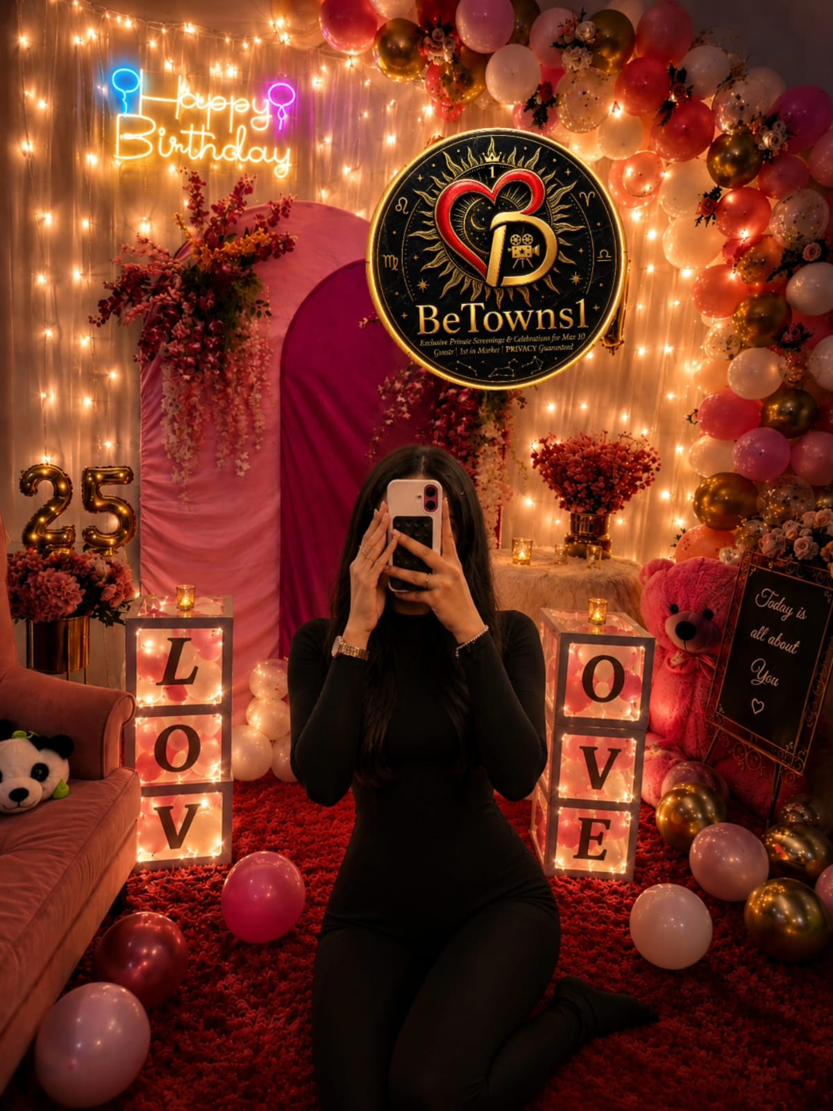 Elegant flower wall with fairy lights and rose petals arranged for a marriage proposal