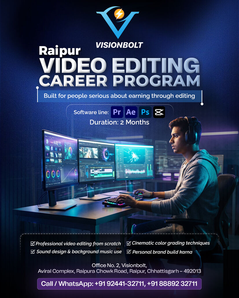 Raipur Video Editing Career Program Poster – Premiere Pro, After Effects, Photoshop, CapCut