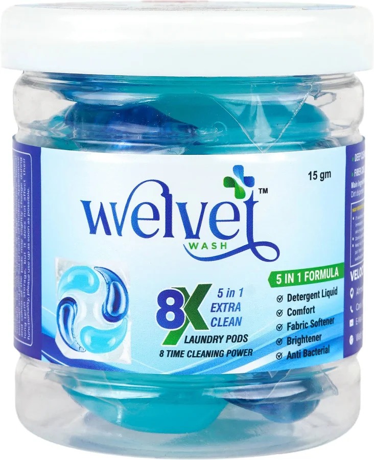Welvet Wash 5-in-1 laundry pods 15gm trial packet delivered in Ahmedabad