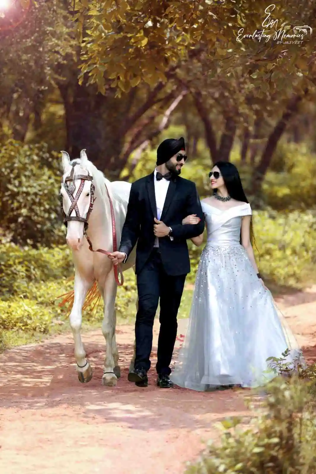 Couple with White Horse in Forest