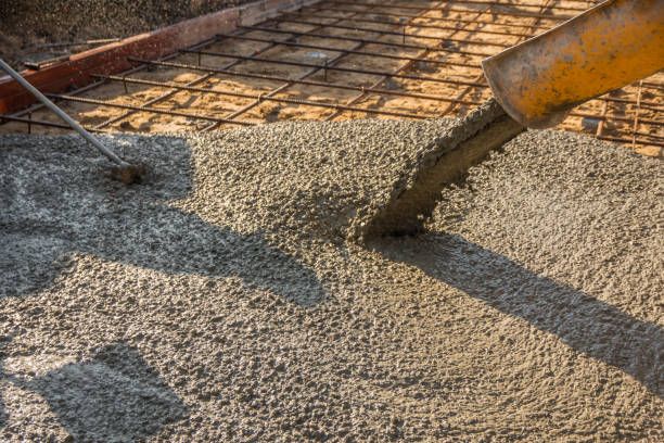 Ready-mix concrete dispatch truck and site foundation pour