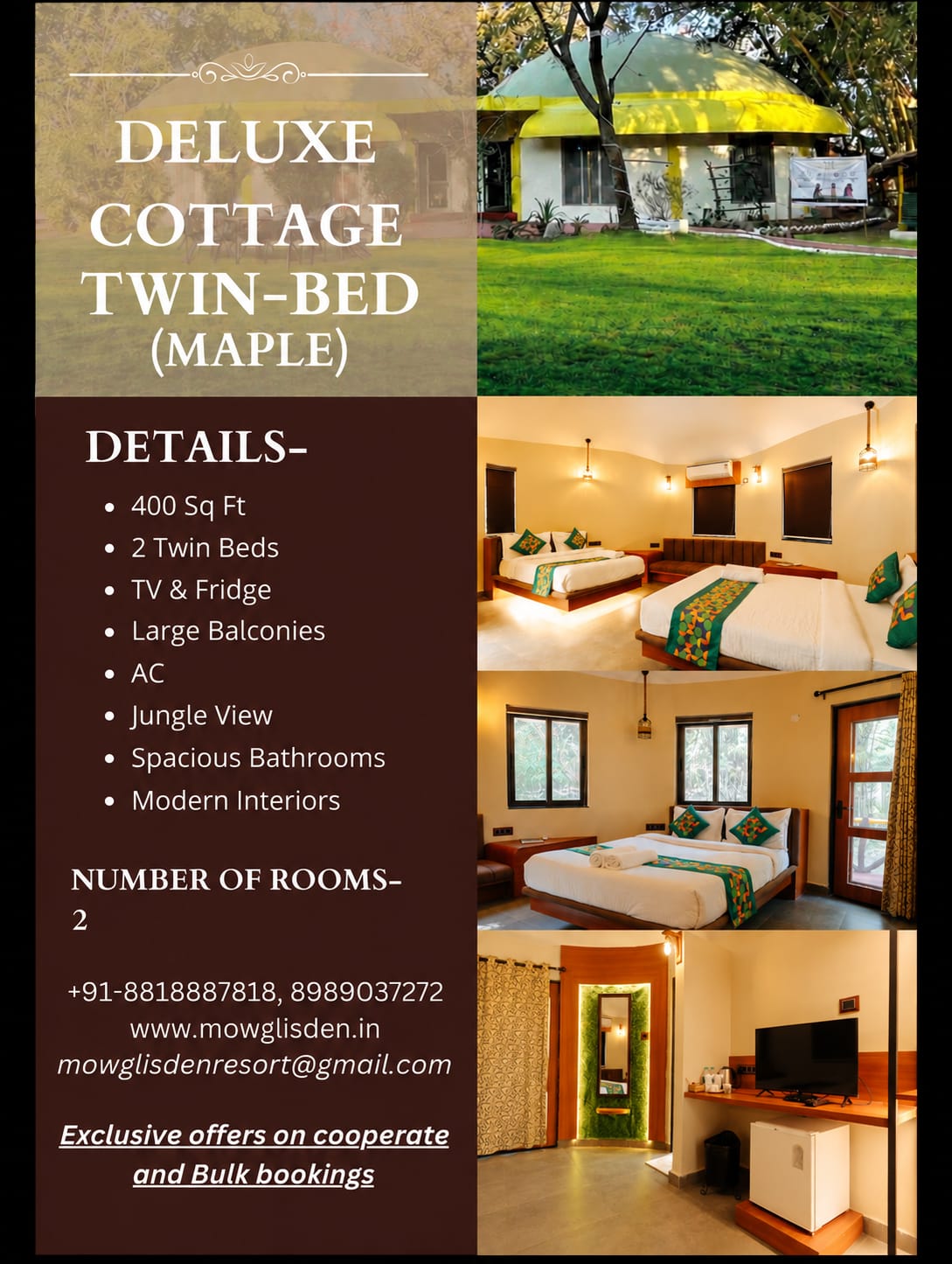 Deluxe Cottage Twin Bed (Maple) at Mowgli's Den, with two separate single beds and elegant furnishings