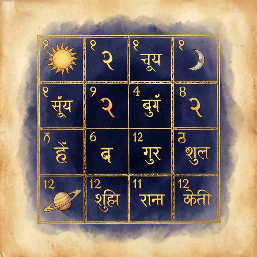 Hindu Kundli birth chart diagram showing the twelve houses used in Vedic astrology consultation and analysis
