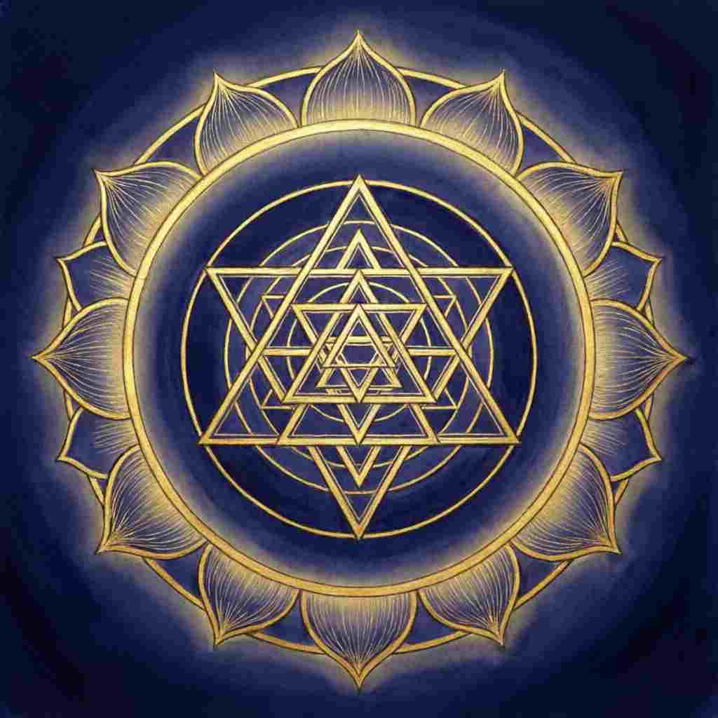 Sacred geometry illustration inspired by Sri Yantra and Vastu principles showing balance and harmony in form