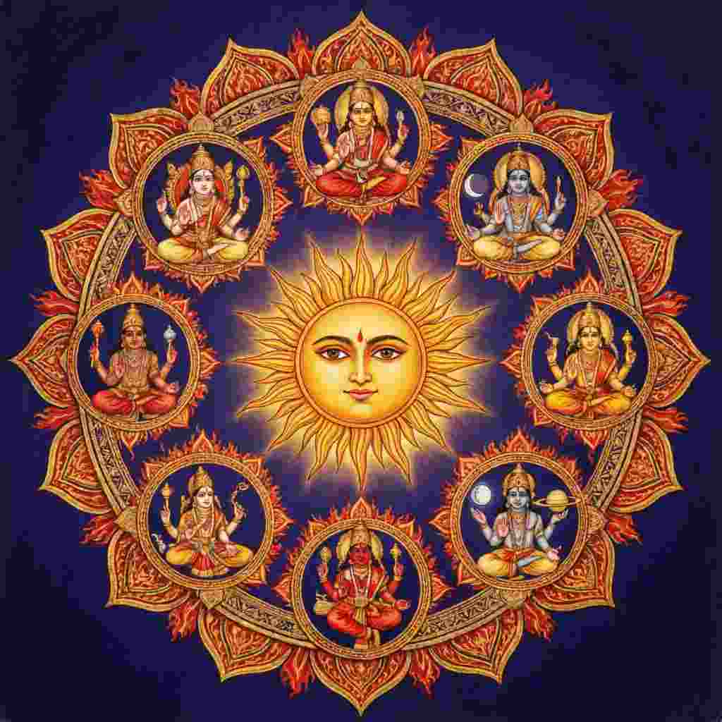 Navagraha nine planetary influences illustration used in Vedic astrology consultation showing the nine celestial bodies